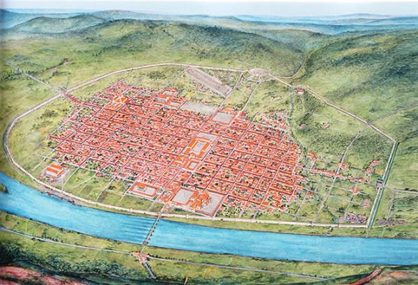 Townscape of the late Roman Augusta Treverorum (today Trier). Reconstruction (Source: Ein Traum von Rom. Stadtleben im römischen Deutschland, Stuttgart 2014, 115 )