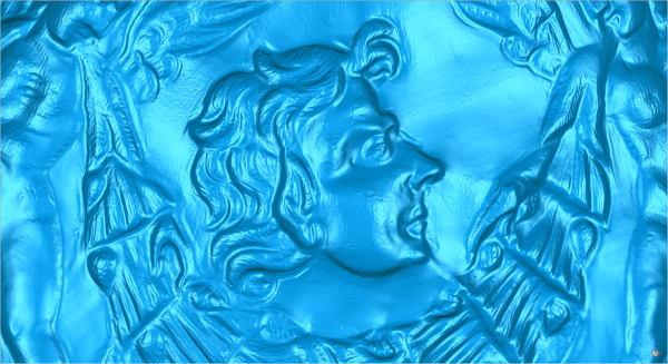 Detail depicting a satyr mask from the 3D model of the perfume casket lid