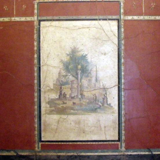 A boscotrecasei villa ún. Vörös szobájának egyik falfestménye, Nápoly, Museo Archeologico Nazionale (Fotó: Bencze Ágnes)