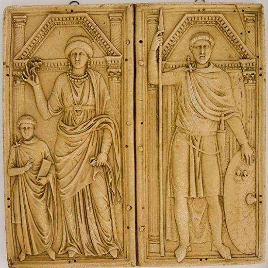 Western Roman military leader and his family on a consular diptych. Plaster copy of the ivory diptych held in Monza Cathedral, Harvard Art Museums, Cambridge MA (Photo: © Harvard Art Museums/Busch-Reisinger Museum, Museum Purchase)